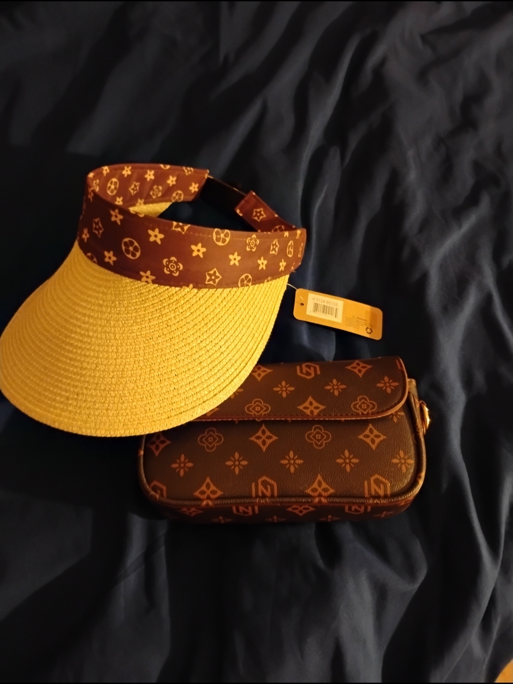 Designer-Style Brown & Tan Straw Visor with Matching Logo-Print Pouch